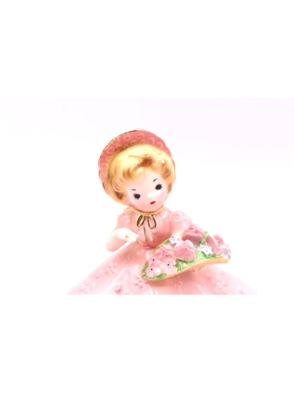 Josef Originals May Birthday Doll Pink Ceramic Figurine Girl Floral Bonnet Dress - Picture 2 of 12